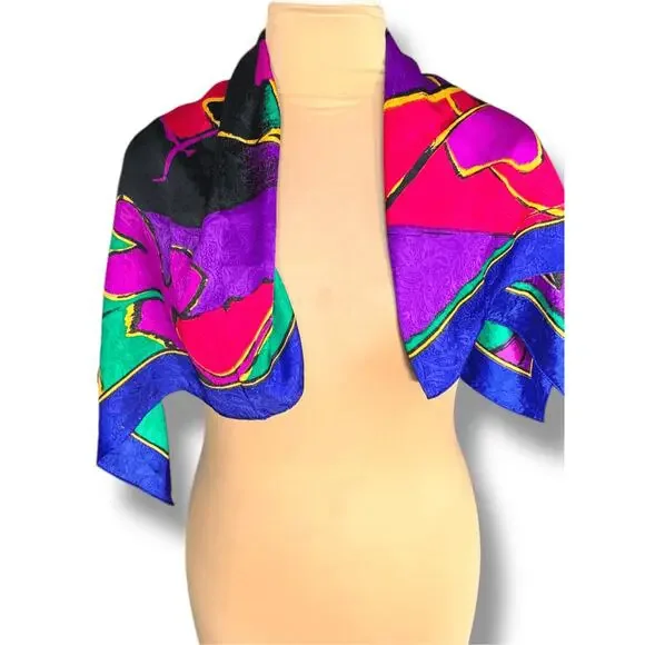 Vintage 90s Abstract Printed Silk Scarf Bold Colorful Artsy Square Wrap Purple - Picture 3 of 8